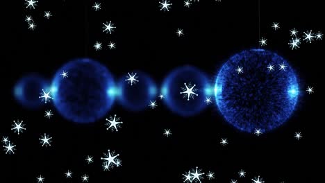 digital animation of multiple stars falling against blue spheres of light against black background