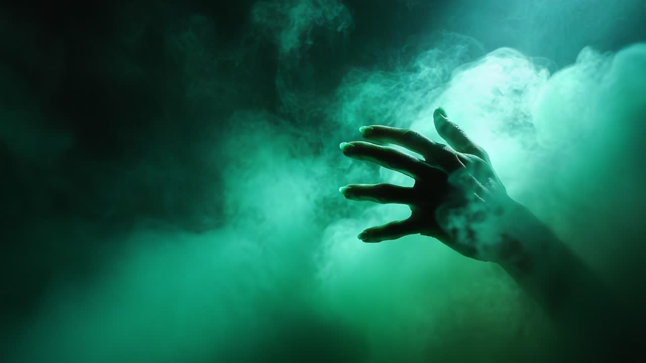 A Haunting Presence: Captivating Visuals of a Mysterious Hand Emerging from a Darkened Mist, Surrounded by Ethereal Green Smoke and Shadows