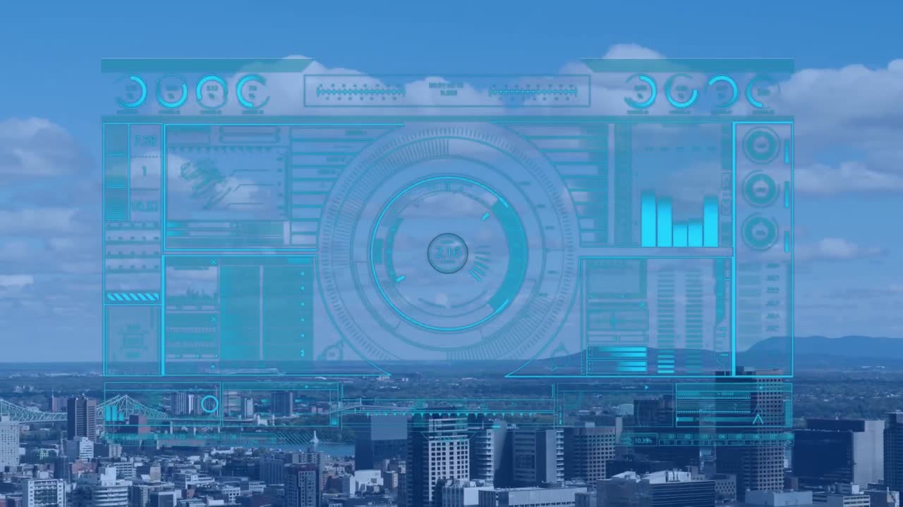 Animation of financial data processing over cityscape