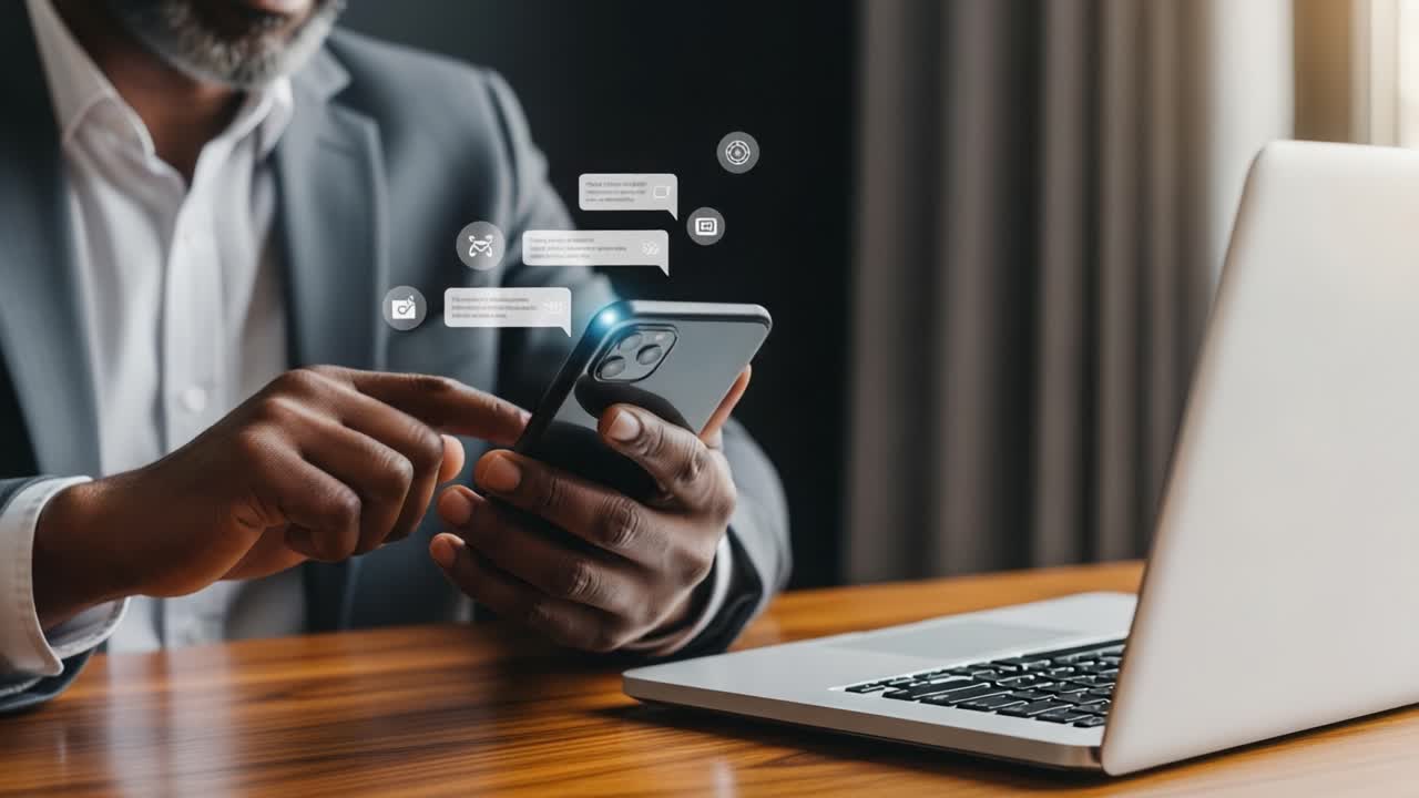 A Professional Man Engaging with His Smartphone While Working at a Desk, Highlighting Modern Communication Tools and Digital Interactions in the Workplace Context