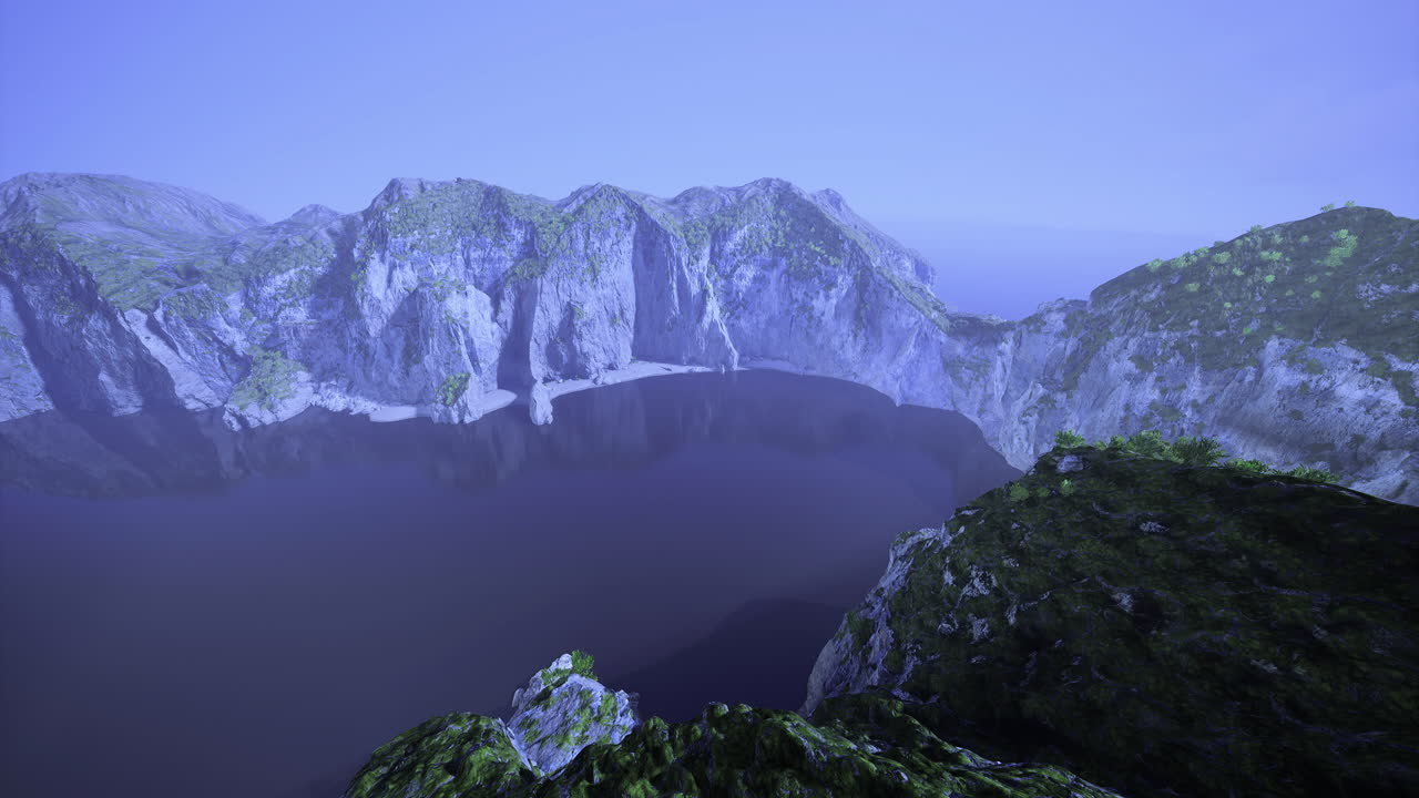 Majestic mountain landscape overlooking a tranquil lake in serene light