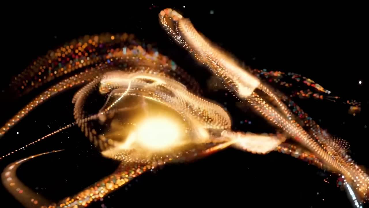 Video dinamico di particelle dorate che turbinano nello spazio, catturato da un'angolazione laterale.