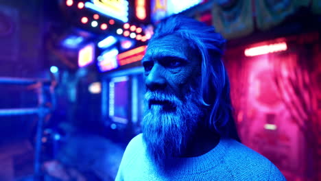 an old man with a white beard and long hair stands on a street at night with neon lights reflecting off of him.