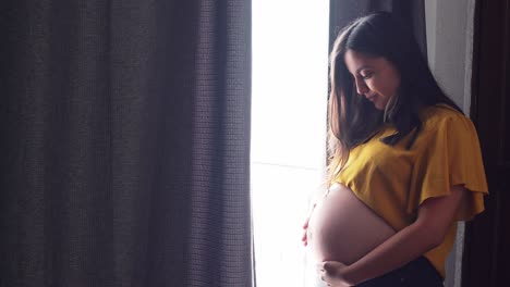 Eine-Junge-Schwangere-Latinx-Frau-Im-Fenster