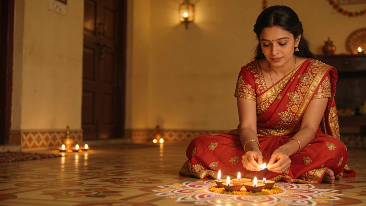 Donna in sari rosso che accende diyas su un rangoli usando la fiamma di un diya vicino durante un rituale domestico
