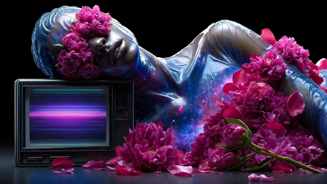 A woman laying on the ground next to a television and flowers