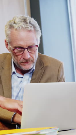 Businessman and coworker discussing over laptop