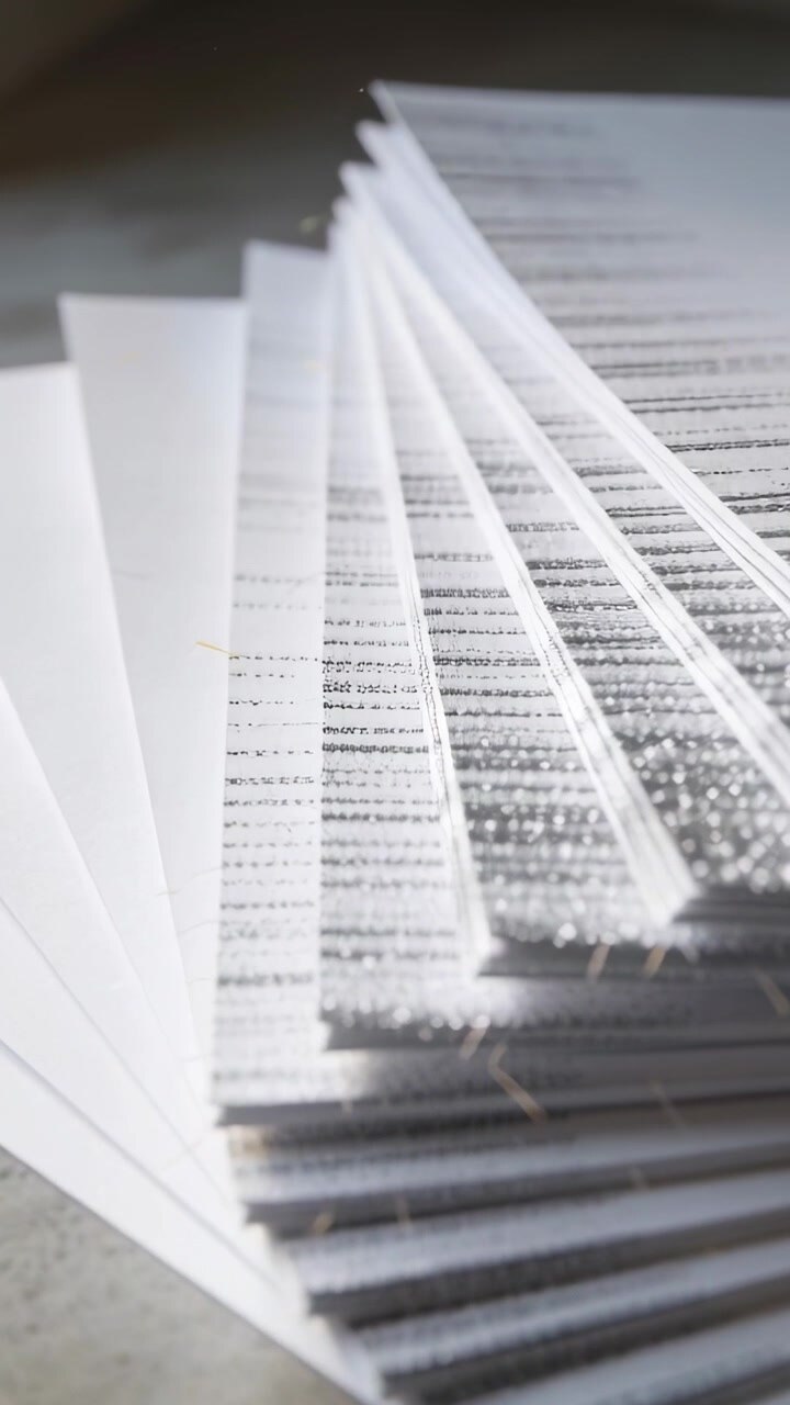 Vertical video: Shifting camera revealing fanned paper sheets on tabletop showing lines and fibers