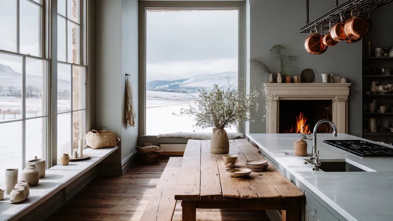A Cozy, Minimalist Kitchen with Scenic Views of Snowy Landscapes Featuring a Wooden Dining Table, Elegant Crockery, and a Welcoming Fireplace Setting a Warm Atmosphere for Relaxing Evenings