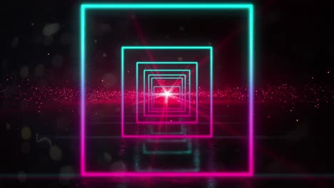 Animation-of-a-tunnel-of-glowing-geometric-square-with-night-sky-and-glowing-pink-star-in-the-backgr