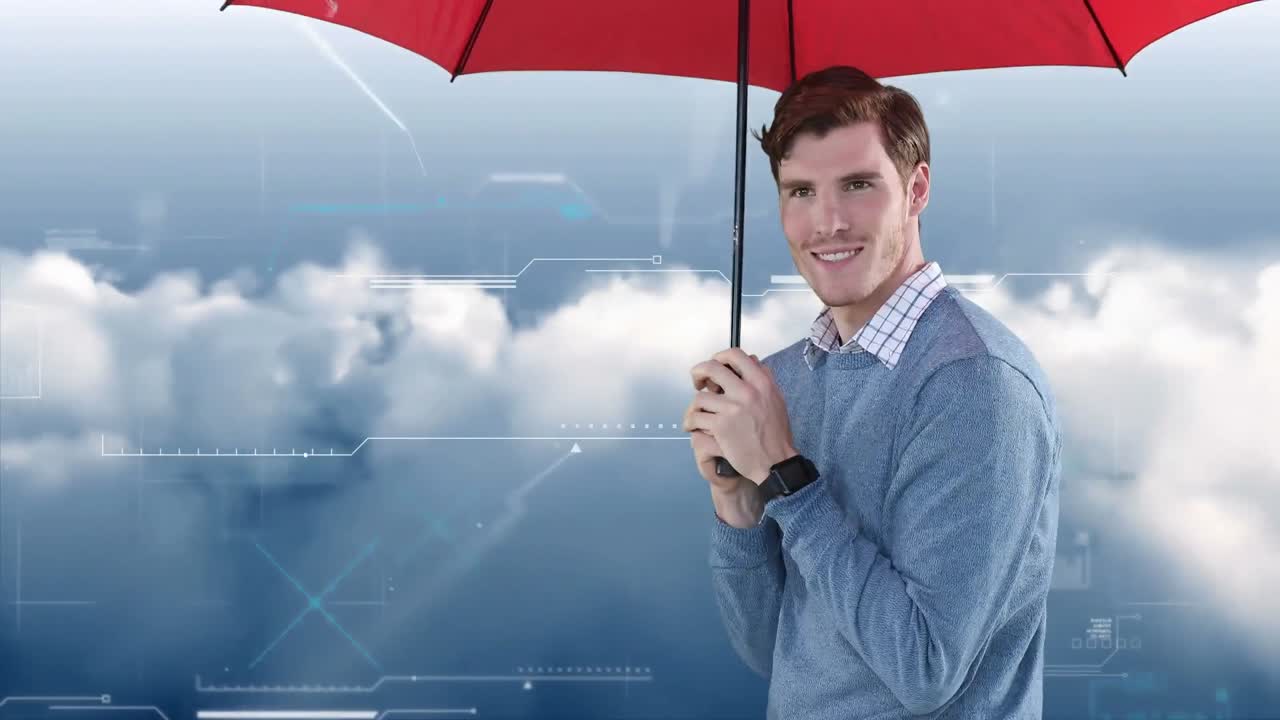 ⁇ 은 우산을 입은 미소 짓는 사업가의 애니메이션, 연결 네트워크와 데이터 처리