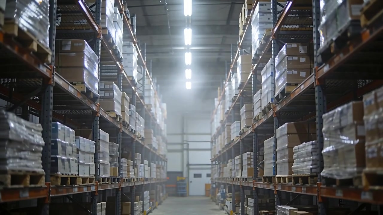 Panning camera pulling focus down central aisle at warehouse to reveal dust metal racking boxes
