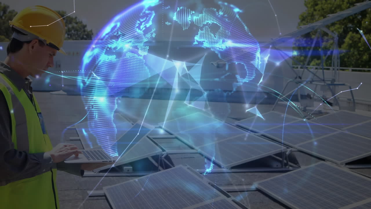 анимация сети соединений с глобусом над солнечными панелями и мужским инженером в фоновом режиме