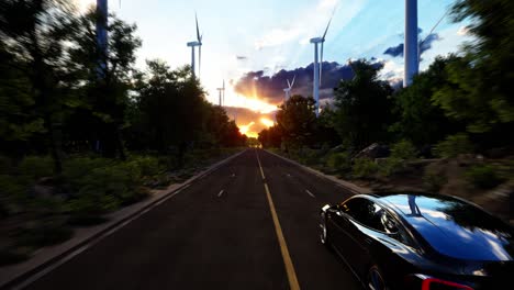 renderización 3d de coches eléctricos genéricos en una carretera con turbinas eólicas en el fondo. animación 3d realista