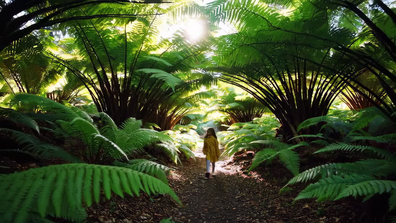 A Young Girl Explores a Lush Fern Forest in a Yellow Raincoat