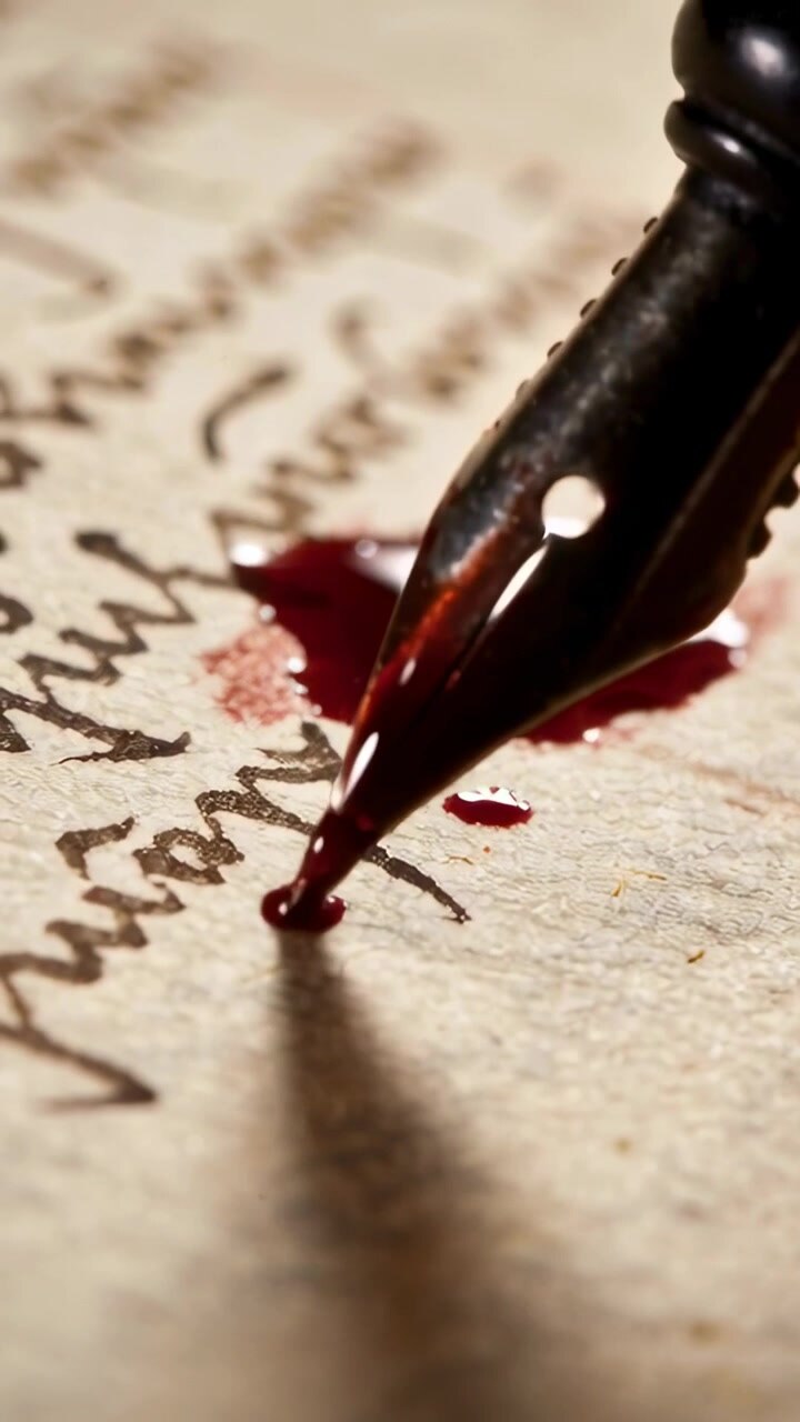 Vertical video: Lowering nib, touching dark red pool on sepia parchment, placing dot, copy space