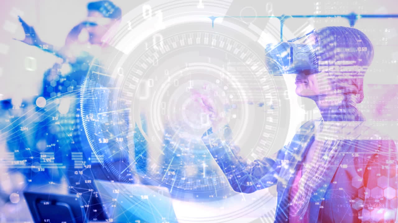 증강 현실을 사용하는 여성과 결합된 과학 구성 애니메이션