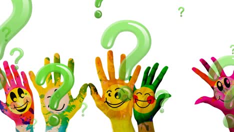animation of question marks over hands with emoji icons on white background