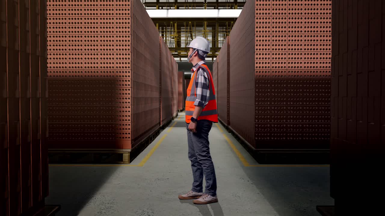 Full Body Side View Of Asian Male Engineer With Safety Helmet Looking Around While Standing With Red Brick Packed in Stacks Are Stored