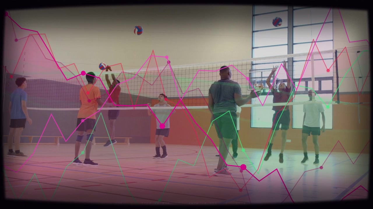 Server passing volleyball, eight players jumping in gym, data overlay animating over court for fun