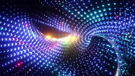 a bright scene of rotation of glittering cubes of turquoise color sparkling with different colors. animation of a vj loop in space