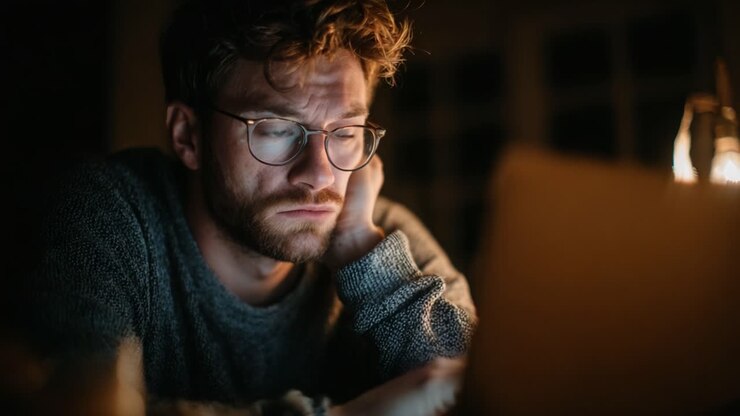 En ettertenksom ung mann i en behagelig genser sitter ved pulten sin og stirrer intenst på den bærbare datamaskinen sin, dypt i tanker mens svakt lys kaster skygger rundt ham