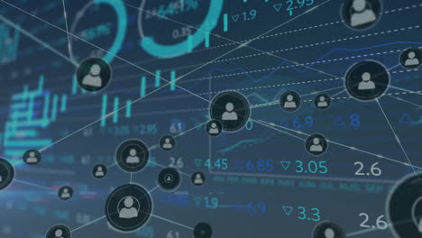 animación de la red de conexiones con iconos y procesamiento de datos financieros