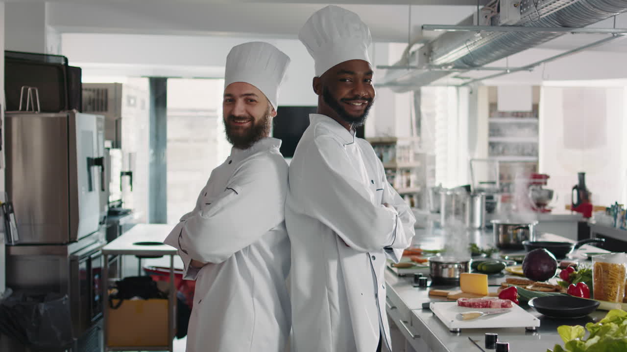 Portrait of multiethnic team of cooks working in restaurant cuisine