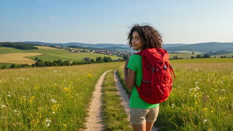 a young adventure seeker enjoys a scenic path through lush green fields, ready for an exciting journey ahead with her backpack, embracing nature's beauty