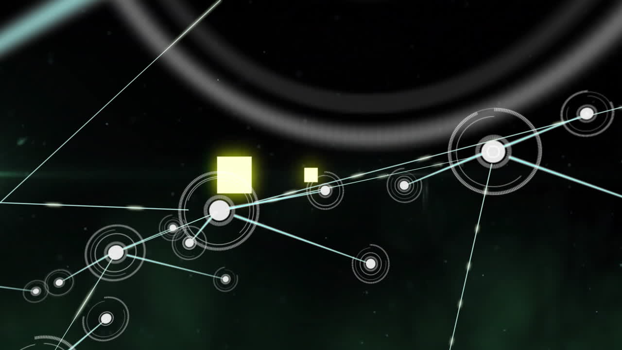 Animation of geometric shapes and lines creating digital network on dark background