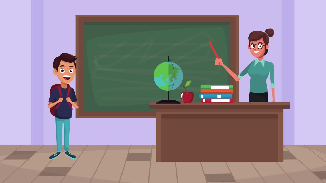 back to school animation with female teacher and schoolboy in classroom