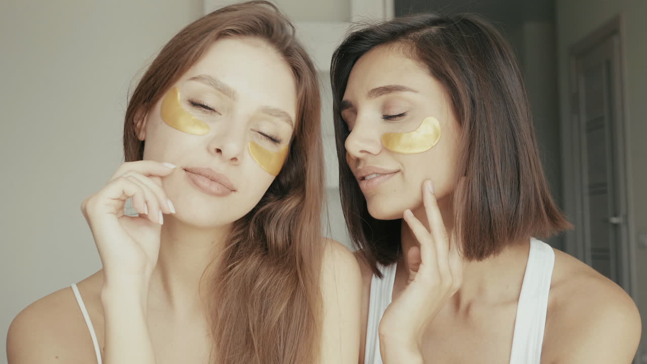 dos mujeres relajándose con parches de ojos de oro