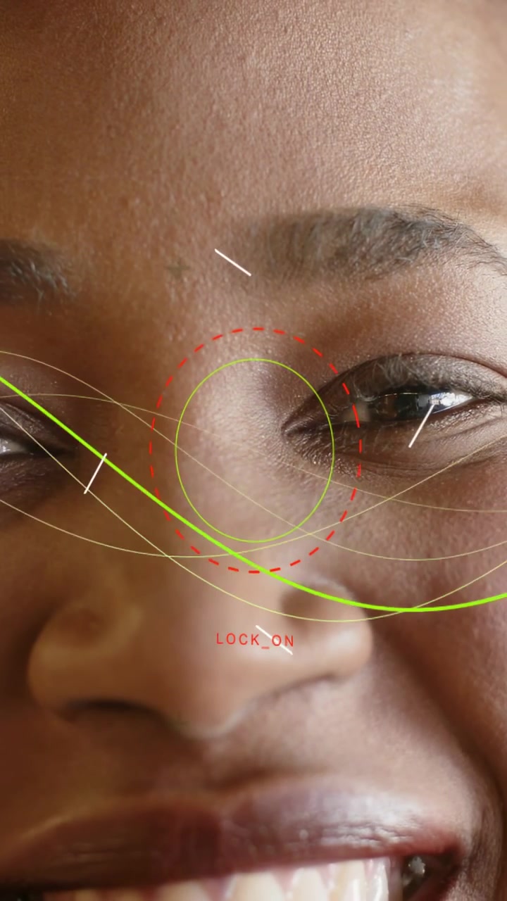 Vertical video: AR overlay LOCK_ON aligning on nose, woman opening eyes smiling for AR tracking