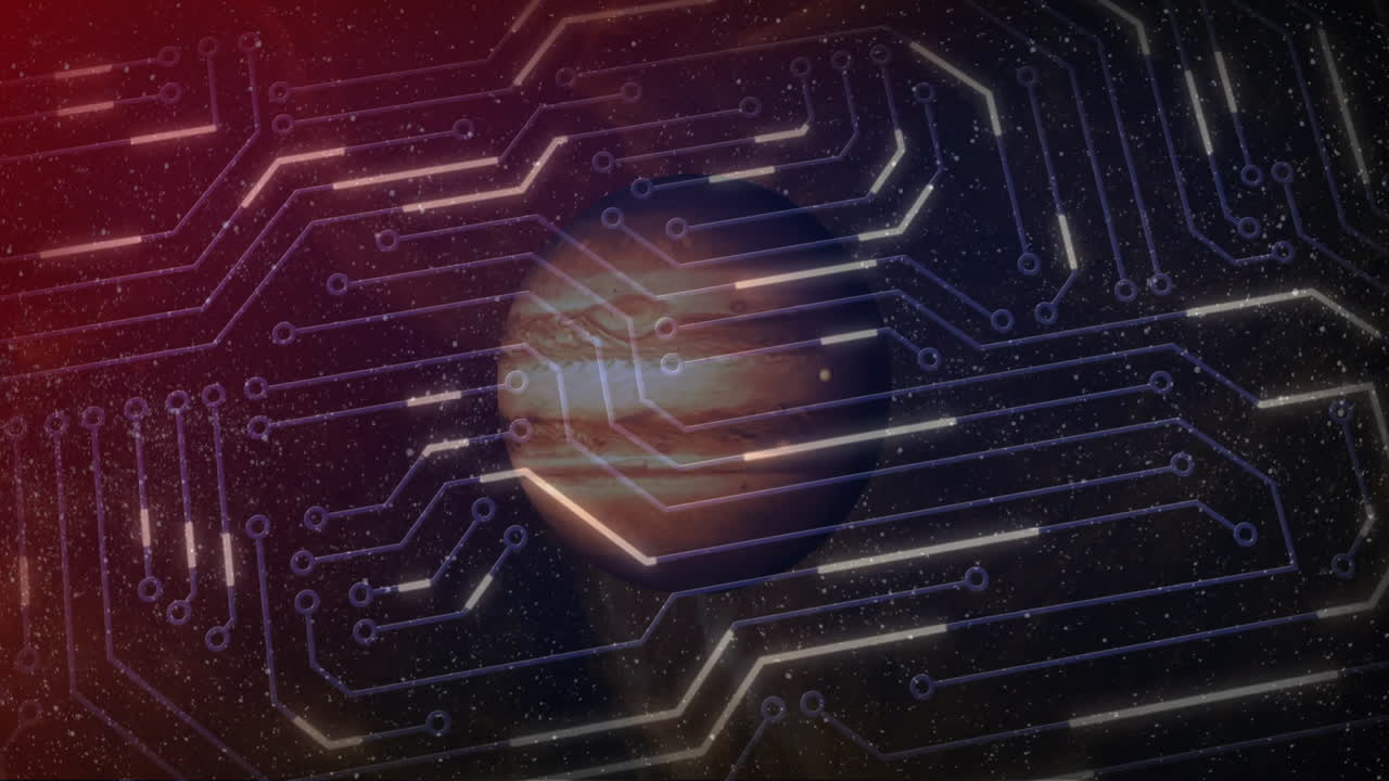 In animation, planet displaying circuit pattern symbolizing technology and space exploration