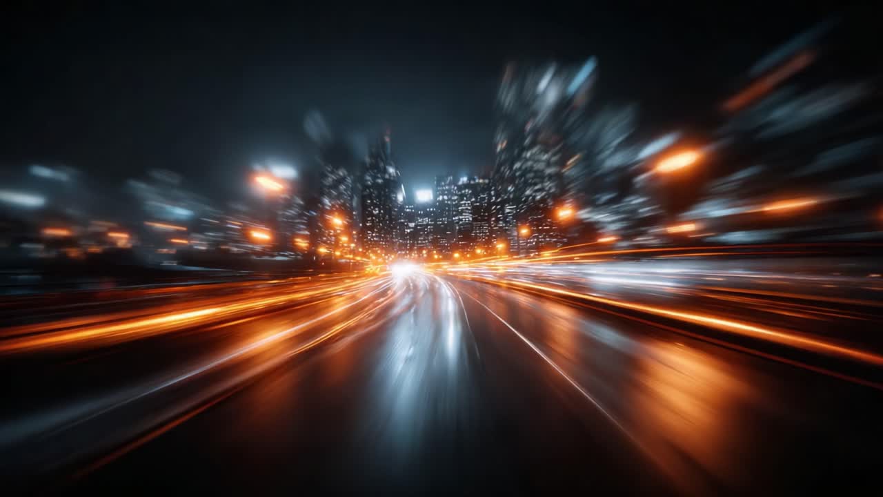Dynamic Nighttime Urban Scene with Blurred Lights and Motion, Capturing the Energy of a Cityscape During the Evening, Illuminated by Vibrant Orange Glow