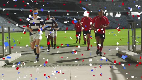 Digital-composite-video-of-multi-colored-confetti-falling-against-two-rugbyteams