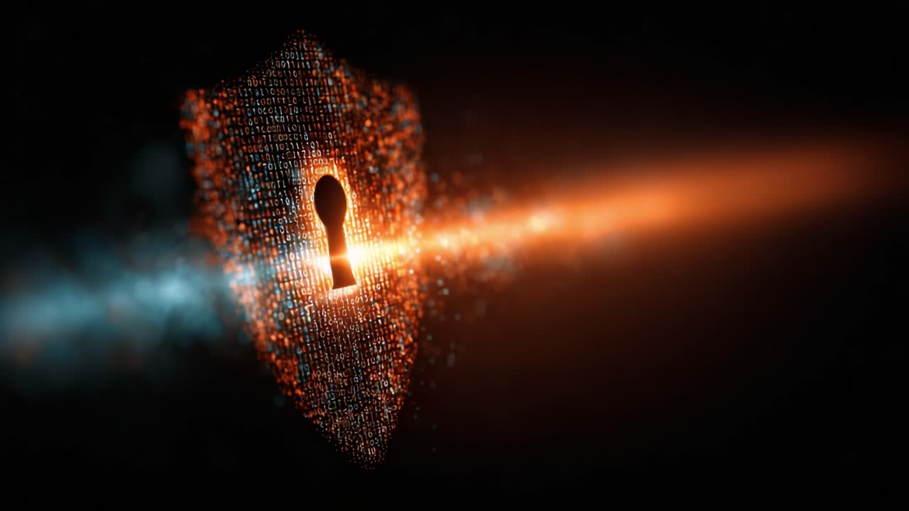 Unlocking Digital Security: A Visualization of Encryption and Data Protection Through a Keyhole Surrounded by Dynamic Particles in a Dark Setting