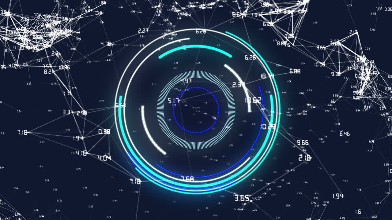 디지털 인터페이스 애니메이션은 스캔 범위와 떠다니는 네트워크 연결을 나타니다.