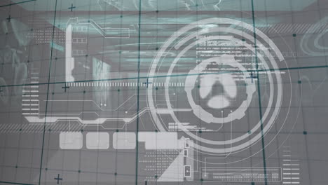 animación de la cuadrícula azul sobre el escáner circular y procesamiento de datos en fondo gris