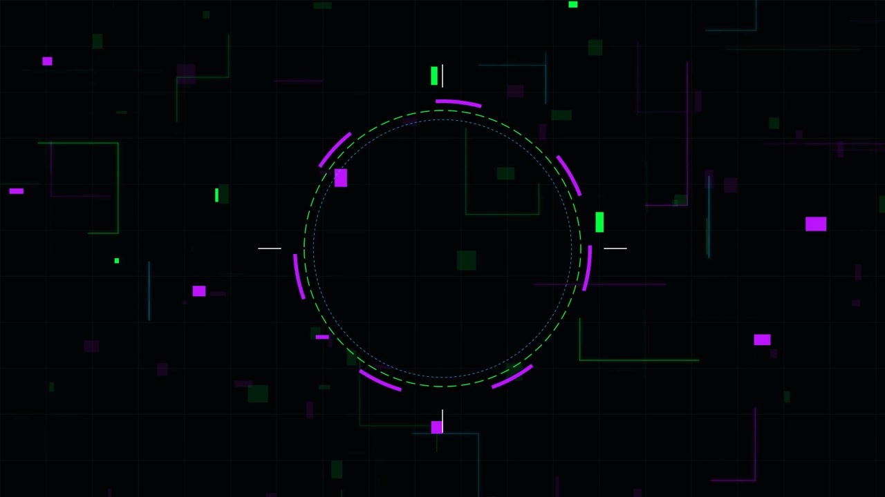 Digital HUD Interface with Rotating Circular Elements and Data Grid