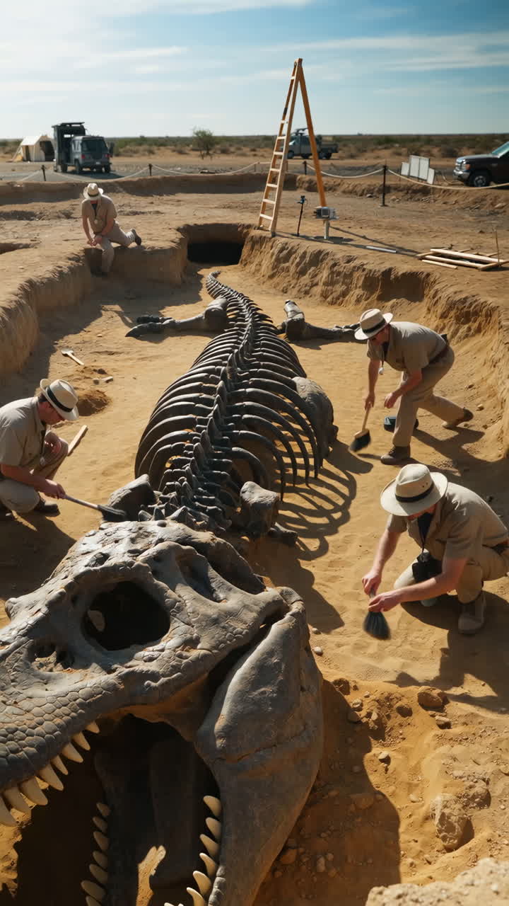 Paleontologists Excavating a Large Dinosaur Skeleton in a Desert Dig Site
