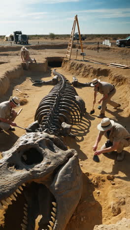 paleontologists excavating a large dinosaur skeleton in a desert dig site