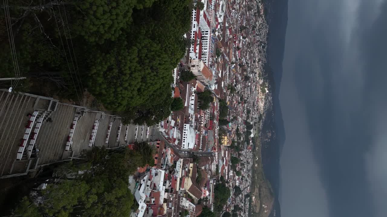 Guadalupe Church of San Cristobal, drone flyover aerial movement, vertical establishment shot
