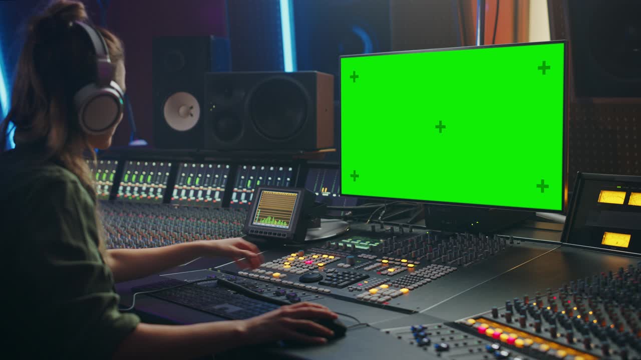 Stylish Female Audio Engineer / Producer Working in Music Record Studio, Uses Headphones, Green Screen Computer Display, Mixer Board, Control Desk to Create New Song. Creative Artist Musician. Zoom in