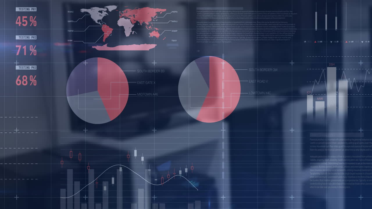 Animation of financial data processing over shop interiors