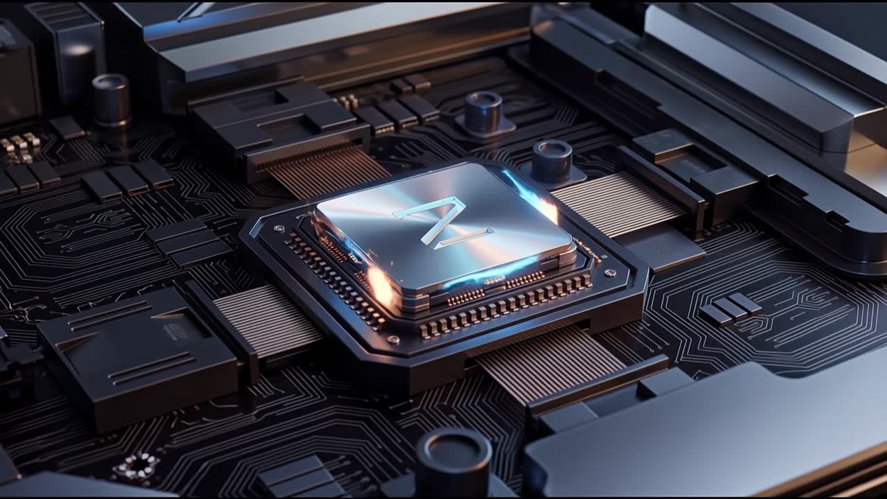 Futuristisk AI-processor på printplade med glødende symbol