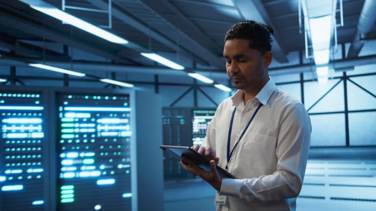ingeniero caminando en el centro de datos, monitoreando las amenazas de seguridad