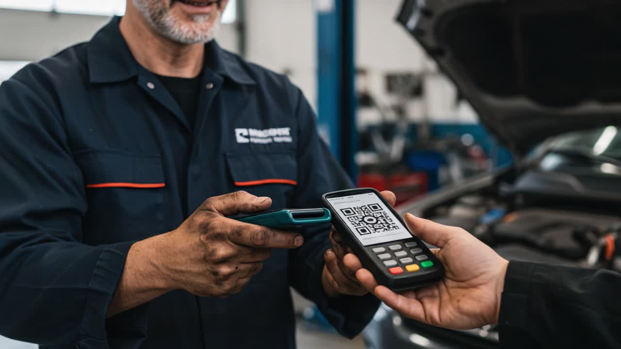 A Mechanic Using a Mobile Payment System to Complete a Transaction in an Automotive Workshop, Emphasizing Modern Technology in Vehicle Maintenance