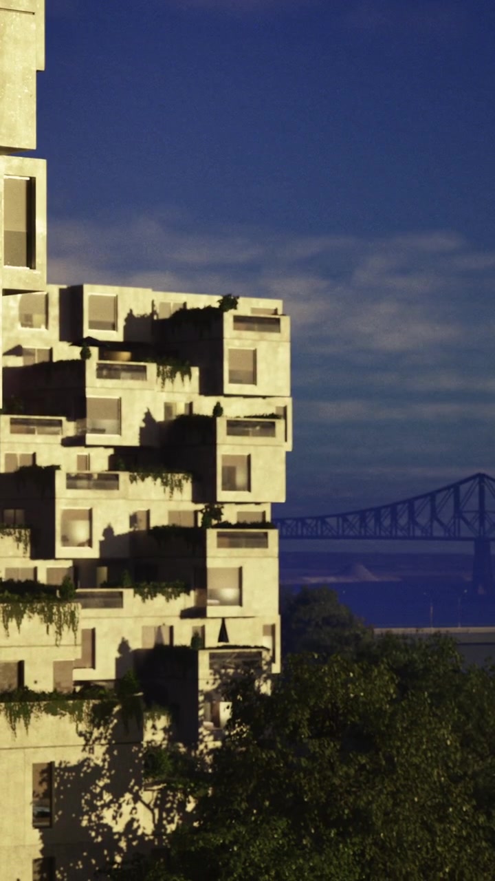 Edifício moderno com design único ao lado de uma ponte ao anoitecer na cidade