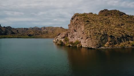 aerial drone shot of a lake in the sonoran desert in arizona